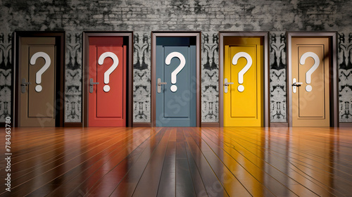 Question marks on five doors of different colors. Choice and opportunity for the future concept, search for right answer for a career path, mystery options, wrong or correct room decision photo