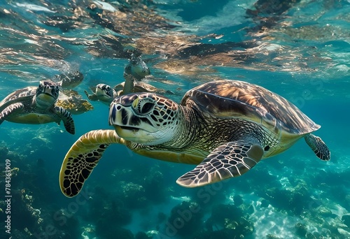 AI generated illustration of sea turtles swimming near rocks in the ocean © Wirestock