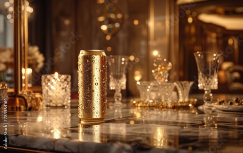 An elegant gold 500ml drink can with a sophisticated label  exuding luxury and refinement