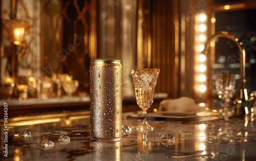 An elegant gold 500ml drink can with a sophisticated label, exuding luxury and refinement