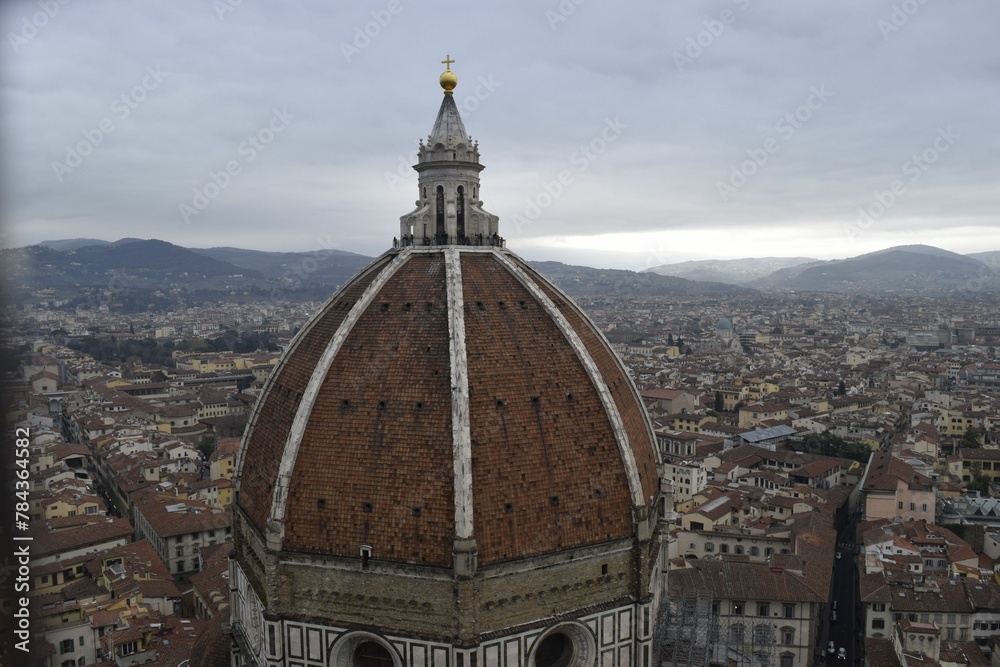 Aerial shot of the dome of the Cathedral of Santa Maria del Fiore in Florence on a gloomy day