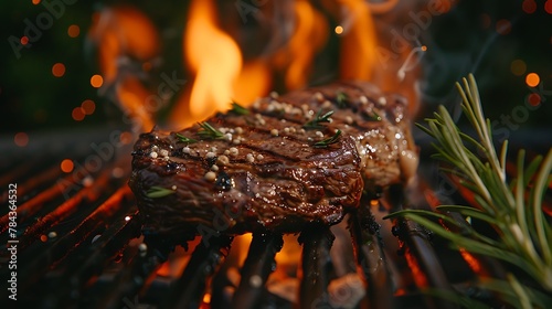 Grilled beefsteak on a BBQ with fire, closeup, juicy, isolated