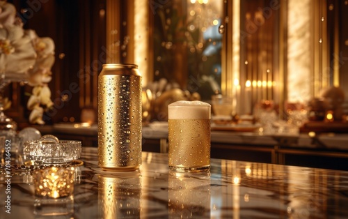 An elegant gold 500ml drink can with a sophisticated label, exuding luxury and refinement © Mike