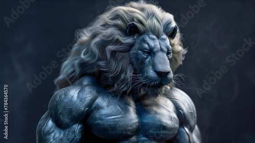 Muscular and powerful lion king. Strong predator, angry and aggressive hero. Fantasy courageous warrior, confident, dominant and brave ruler, gladiator fighter, territorial leader beast photo