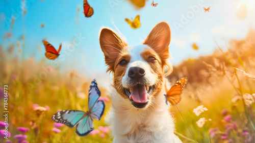Beautiful and cute Jack Russell Terrier dog playing on the meadow in sunny spring or summer grass field with butterfly insects of various colors. Adorable and friendly photo, pet happiness