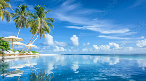 Infinity pool with loungers and umbrellas, palm trees in the background, Maldives island landscape. Tropical summer vacation or holiday luxury exotic paradise hotel resort. Nobody, empty, copy space