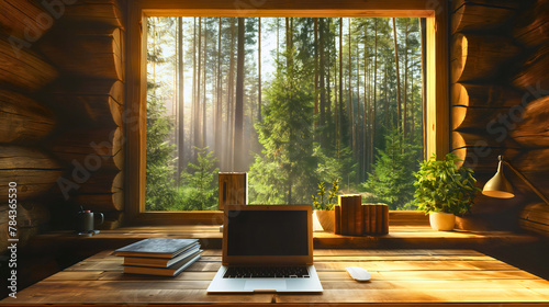 Laptop placed on a wooden table in cabin interior, morning sunlight in summer forest seen through window. Digital nomad or freelancer remote online work, tourist relax location, travel lifestyle
