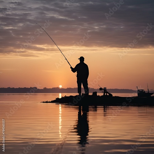 AI-generated illustration of a man fishing at sunset