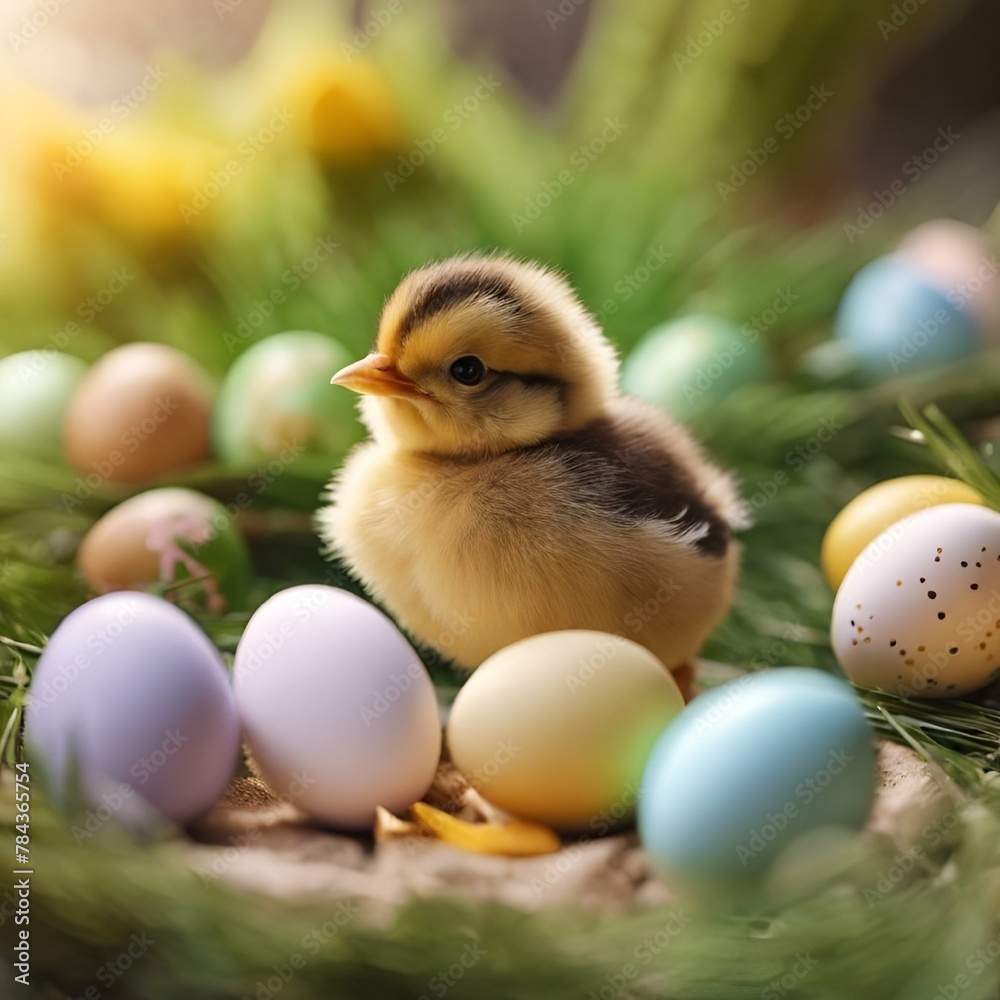 AI generated illustration of a newborn chick on pastel Easter eggs