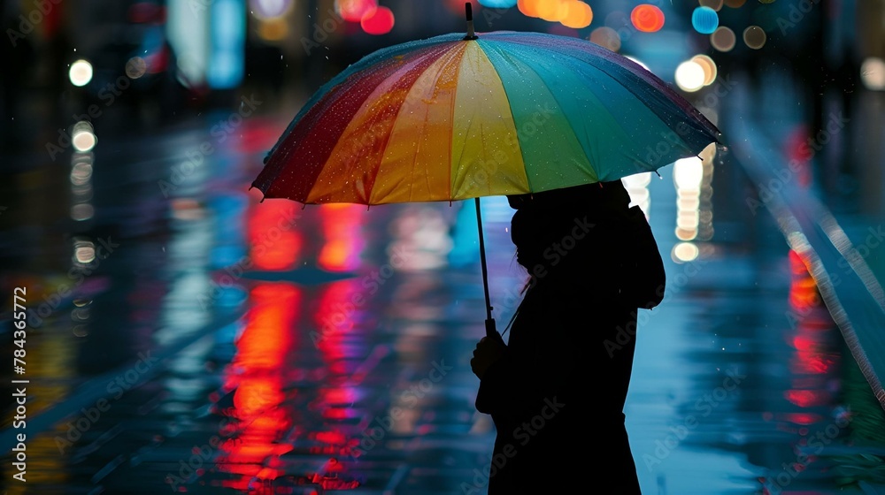 a woman walks down a sidewalk with an umbrella and street lights in the background