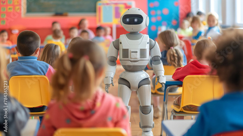 Wallpaper Mural Robot standing in elementary or primary kindergarten school classroom full of toddler preschool boys and girls. Kids or children education, AI artificial intelligence teacher, futuristic technology Torontodigital.ca