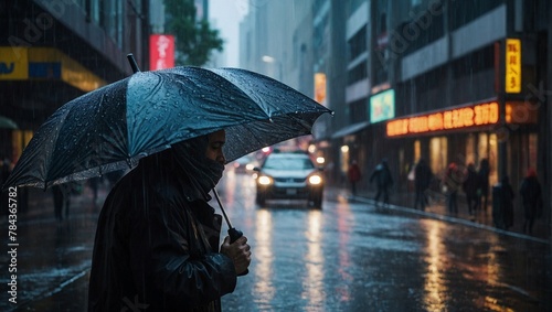 a man in black is holding an umbrella on the street