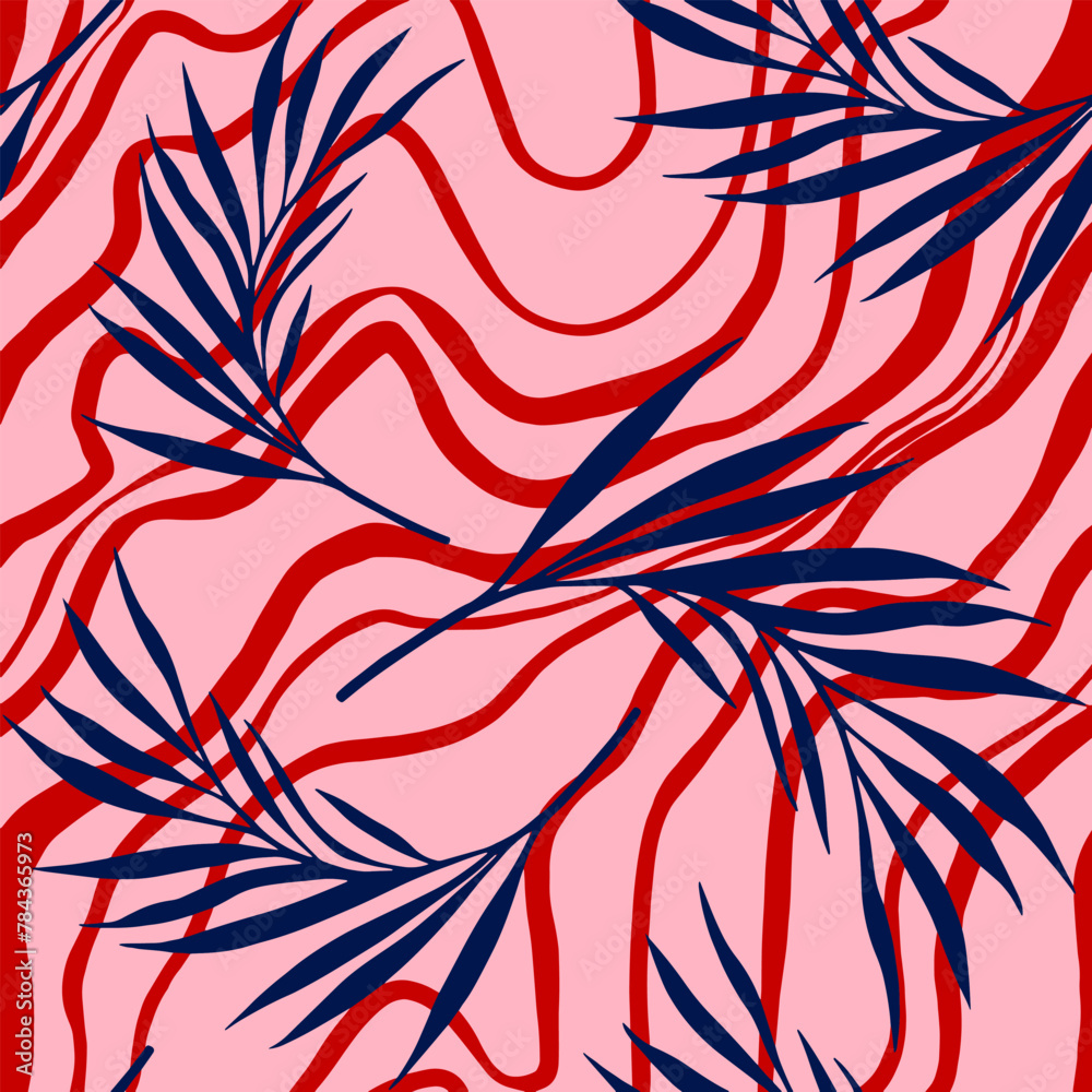 Abstract Hand Drawing Tropical Leaves with Diagonal Wavy  Brush Strokes Zebra Stripes Lines Seamless Vector Pattern Isolated Background