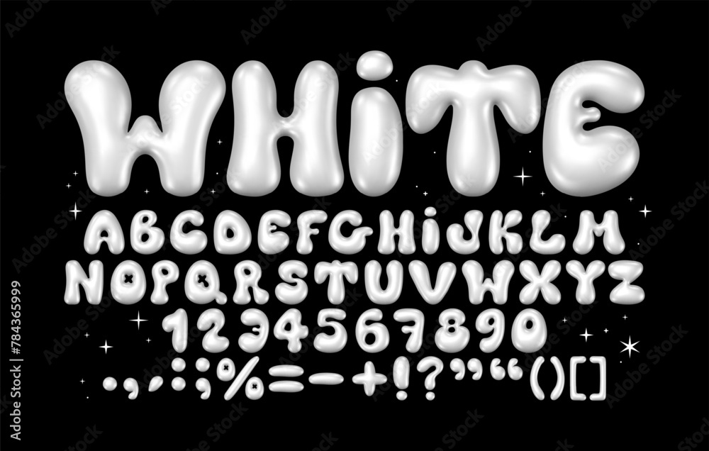Naklejka premium Glossy white bubble font. Inflated alphabet 3D ballon letters and numbers. Vector set
