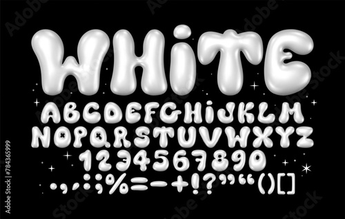 Glossy white bubble font. Inflated alphabet 3D ballon letters and numbers. Vector set