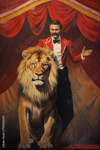 lion tamer vintage circus painting with lion in red curtain tent