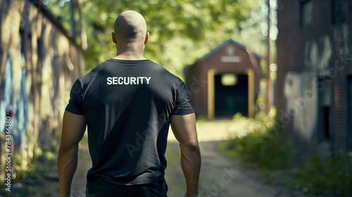 Rearview of the security guard wearing a black t shirt, walking outdoors, copy space. Muscular and fit bald guy, strong adult man back view. Professional bodyguard service, monitoring, patrolling