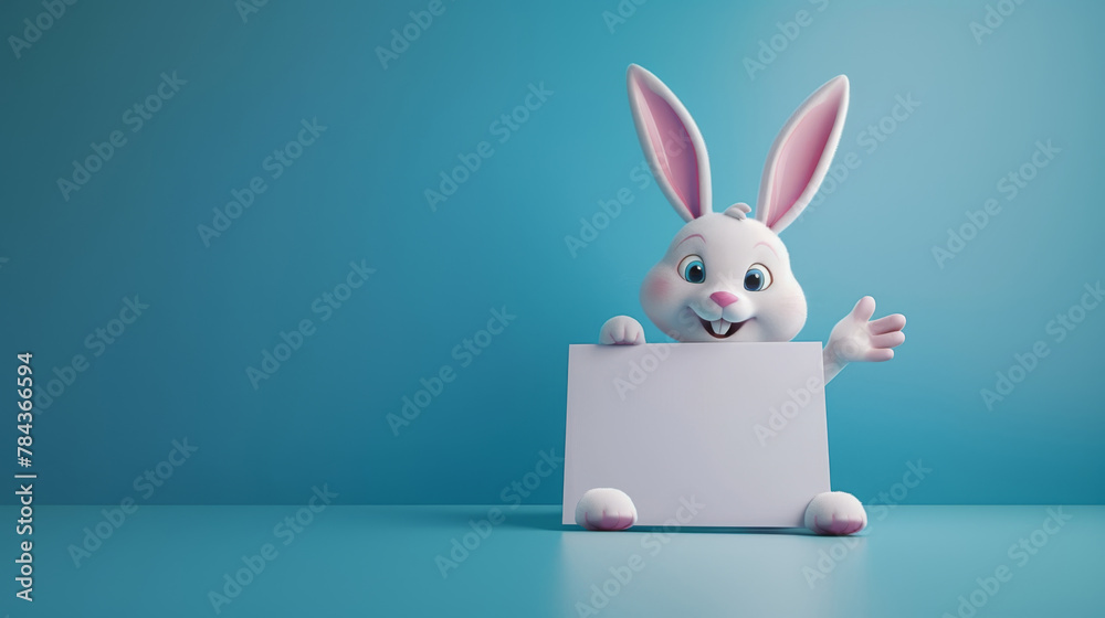 Obraz premium Funny white bunny holding a blank sign. Announcement, moc kup, copyspace. 3d style. Generative ai.