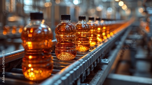 Plastic bottles filled with grape vinegar on conveyor belt in factory production