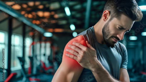 Man holding a hand on a red pain area on his shoulder, muscular fitness athlete injury in the gym during exercise or training. Workout accident, painful joint massage, sore inflammation, copy space