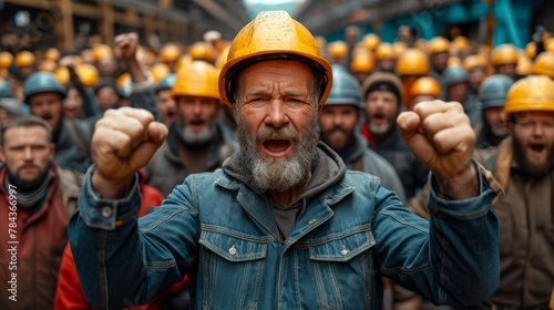 An industrial workforce on strike. Protestors in construction helmets demand better working conditions and higher wages. photo
