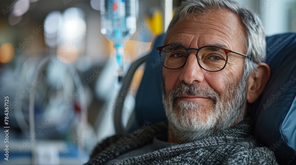 A man sitting on chemotherapy, his eyes filled with hope and determination, showcasing resilience amidst adversity A man sitting on chemotherapy, his eyes filled with hope and determination, showcasing resilience amidst adversity