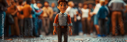 A toy man standing in front of a group of people.  photo