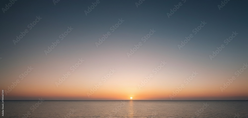 A minimalist ocean scene at sunrise, featuring a solitary sun ascending above a flat horizon into a gradient sky.