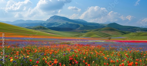 Vibrant flower fields in a minimalistic composition, offering a burst of color against a serene backdrop