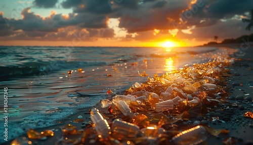 plastic waste piled up on the beach cinematic lighting