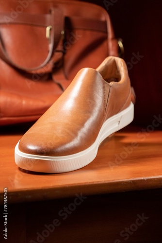 Vertical view from behind of a brown solid slip shoe over the wooden table