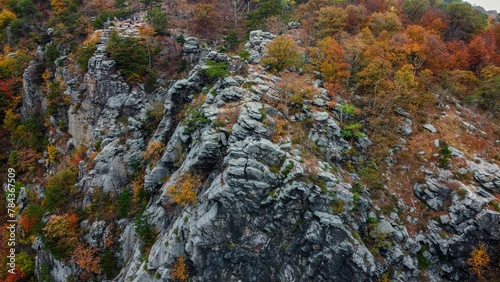 Aerial view of rocky cliffs with autumn trees near Harpers Ferry, Virginia