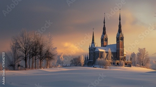 The elegant spires of the Segantini Museum rising above the snowy landscape, with a backdrop of dusky skies.