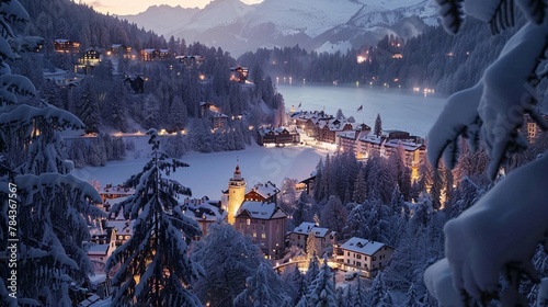 The iconic Saint Moritz village nestled among snow-covered trees