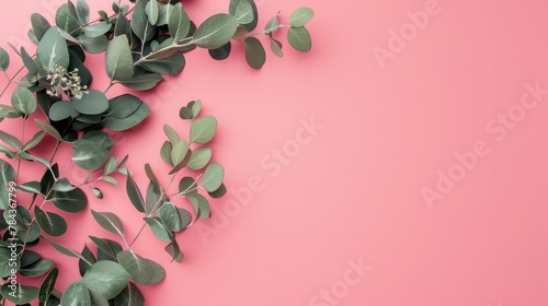Branches of Eucalyptus on a millennial pink background. Flat lay. Make a copy of space. photo