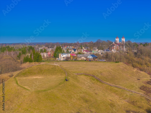 Seredzius mound, hillfort also known as Palemonas hill in Jurbarkas district. Aerial drone view photo photo