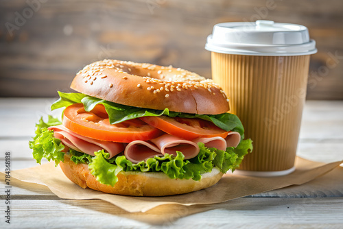 Hearty rustic bagel sandwich with ham, tomato, lettuce, and to-go coffee cup on a wood table