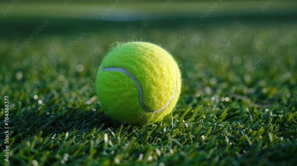 Tennis ball lying on the grass which is an important piece of sports equipment used in the game of tennis which is a popular ball game