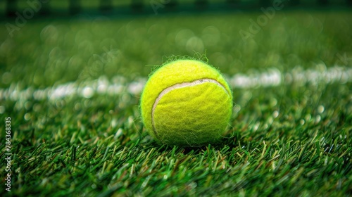 Tennis ball lying on the grass which is an important piece of sports equipment used in the game of tennis which is a popular ball game © Suparak