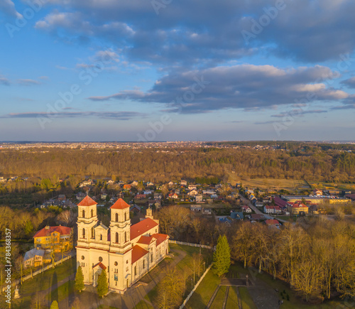 Raudondvaris town, Kaunas district. Aerial drone view of St. Theresa of the child Jesus church