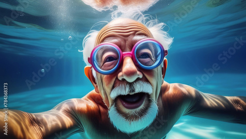 Happy senior man with Goggles dive underwater in a swimming pool. Happy elder have active sport at old age. Funny grandfather portrait wide angle