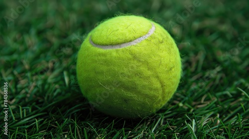 Tennis ball lying on the grass which is an important piece of sports equipment used in the game of tennis which is a popular ball game
