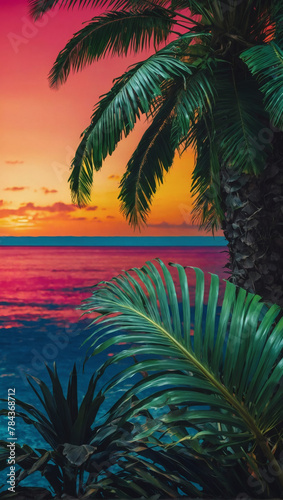 Tropical-inspired backdrop bursting with vivid colors and artistic palm leaf motifs  creating a dynamic and stylish atmosphere for summer fashion concepts.