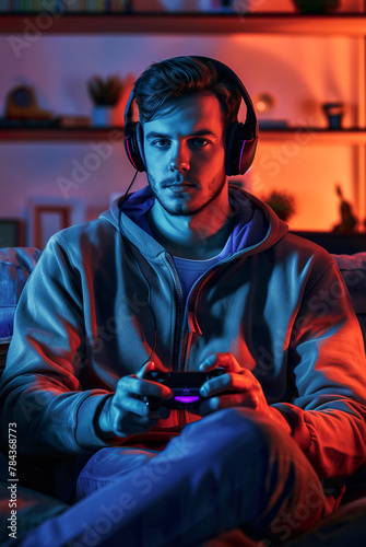 Video game player in front of the console