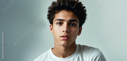 Close-up of a thoughtful young male with curly hair, staring calmly into the camera against a neutral background. © video rost