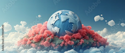 3D-rendered globe with visible air pollution layers  paper-cut style  minimalist  blurred sky background 
