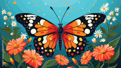 A beautiful butterfly sits on a flower .. 2d flat cartoon