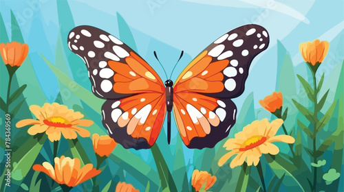 A beautiful butterfly sits on a flower .. 2d flat cartoon © iclute