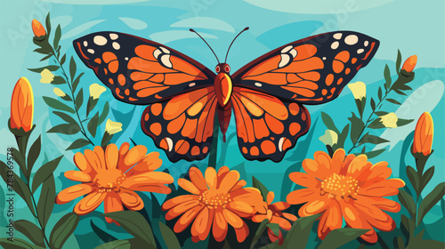 A beautiful butterfly sits on a flower .. 2d flat cartoon