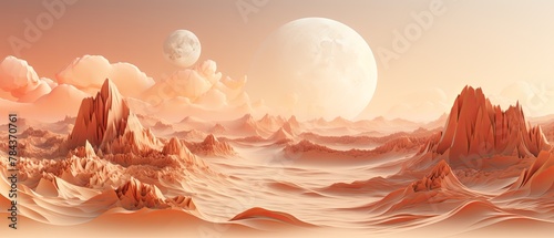 Minimalist 3D render of a dusty atmosphere from desertification, paper-cut style, blurred background,